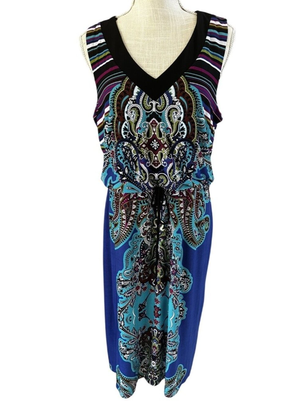Soho Apparel Womens Sleeveless Paisley & Striped V-Neck Dress L Blue/Multi Stret